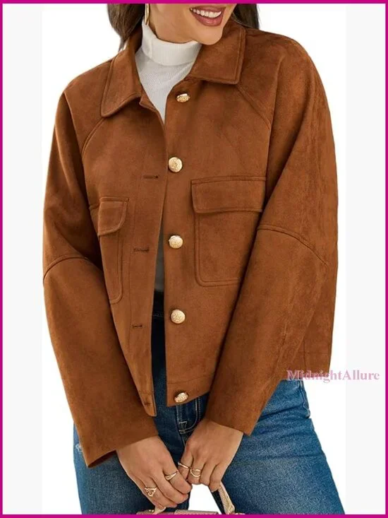 Oversized Cropped Faux Suede Jacket Lapel Collar Button Down Vintage Shacket - Picture 1 of 7